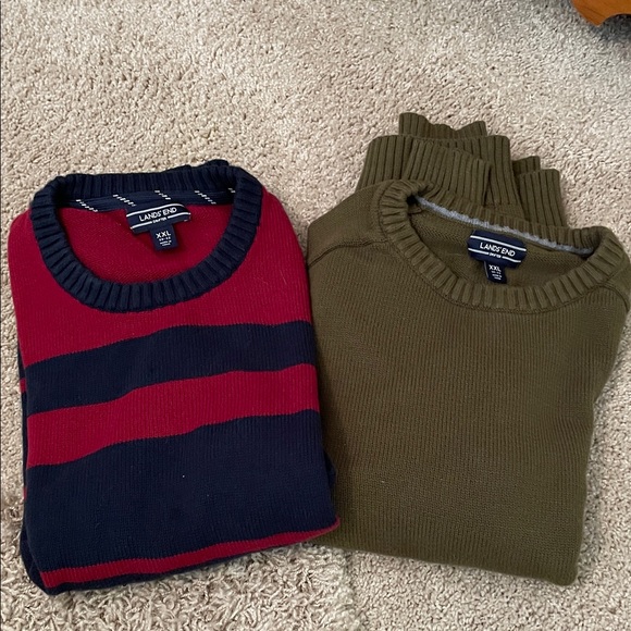 Lands' End Men's Bold Red and Navy Striped Sweater with Olive Crewneck - Picture 1 of 5